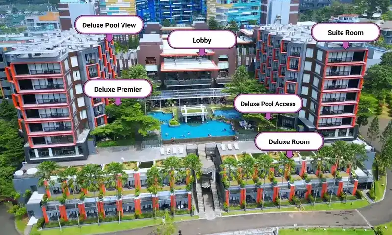 Peta visual area kamar Aston Lake Sentul dengan penunjuk lobby deluxe pool view deluxe room dan suite room