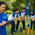 Fasilitator BoundEx mencatat behavior marker outbound training saat peserta bekerja sama dalam aktivitas tim di area outdoor.