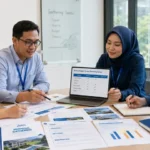 Tim BoundEx Indonesia membahas proposal gathering Sentul dengan dokumen perbandingan vendor, laptop, catatan biaya, dan matrix evaluasi layanan.