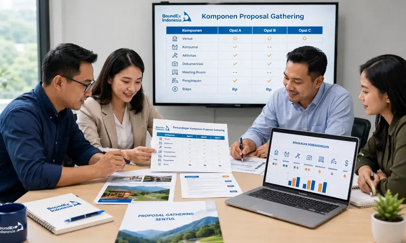 Tim HR dan procurement membandingkan komponen proposal gathering Sentul seperti venue, konsumsi, aktivitas, dokumentasi, meeting room, penginapan, dan biaya.