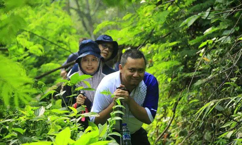 Peserta outing perusahaan berjalan menyusuri jalur trekking hijau di Bogor sambil menikmati pengalaman alam bersama tim.